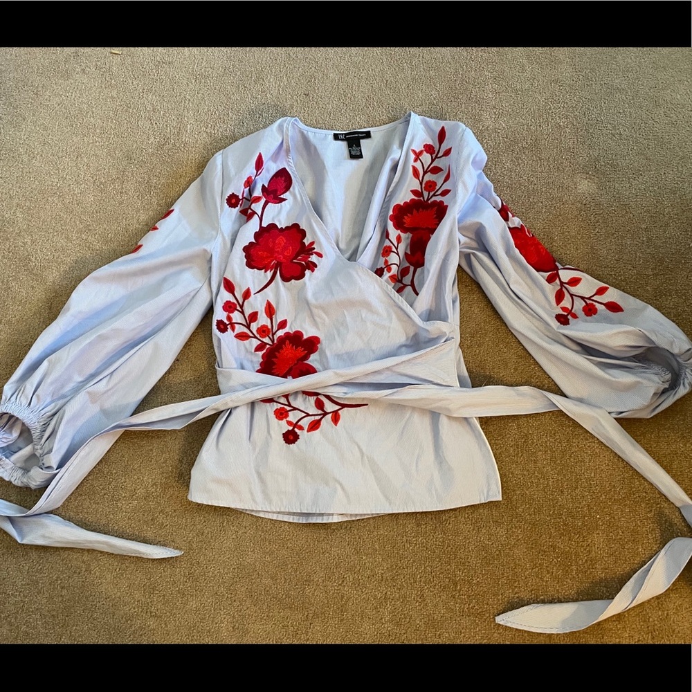 Blue dress shirt with red embroidered flowers